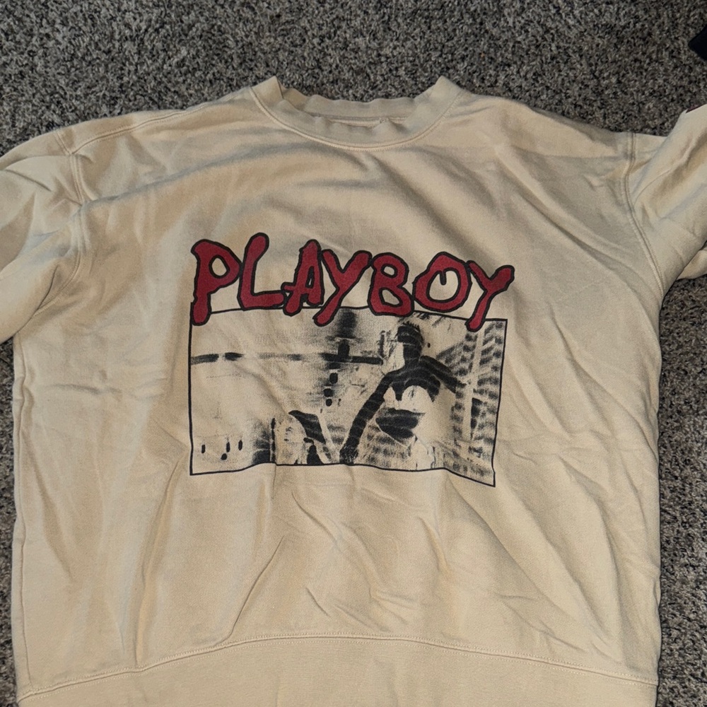 PLAYBOY Cream Crewneck Sweater with Red Logo